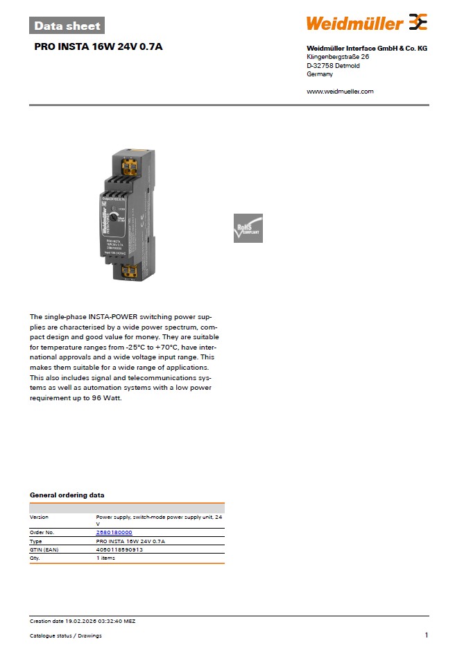 Datasheet for PRO Insta 24Vdc 0.7A